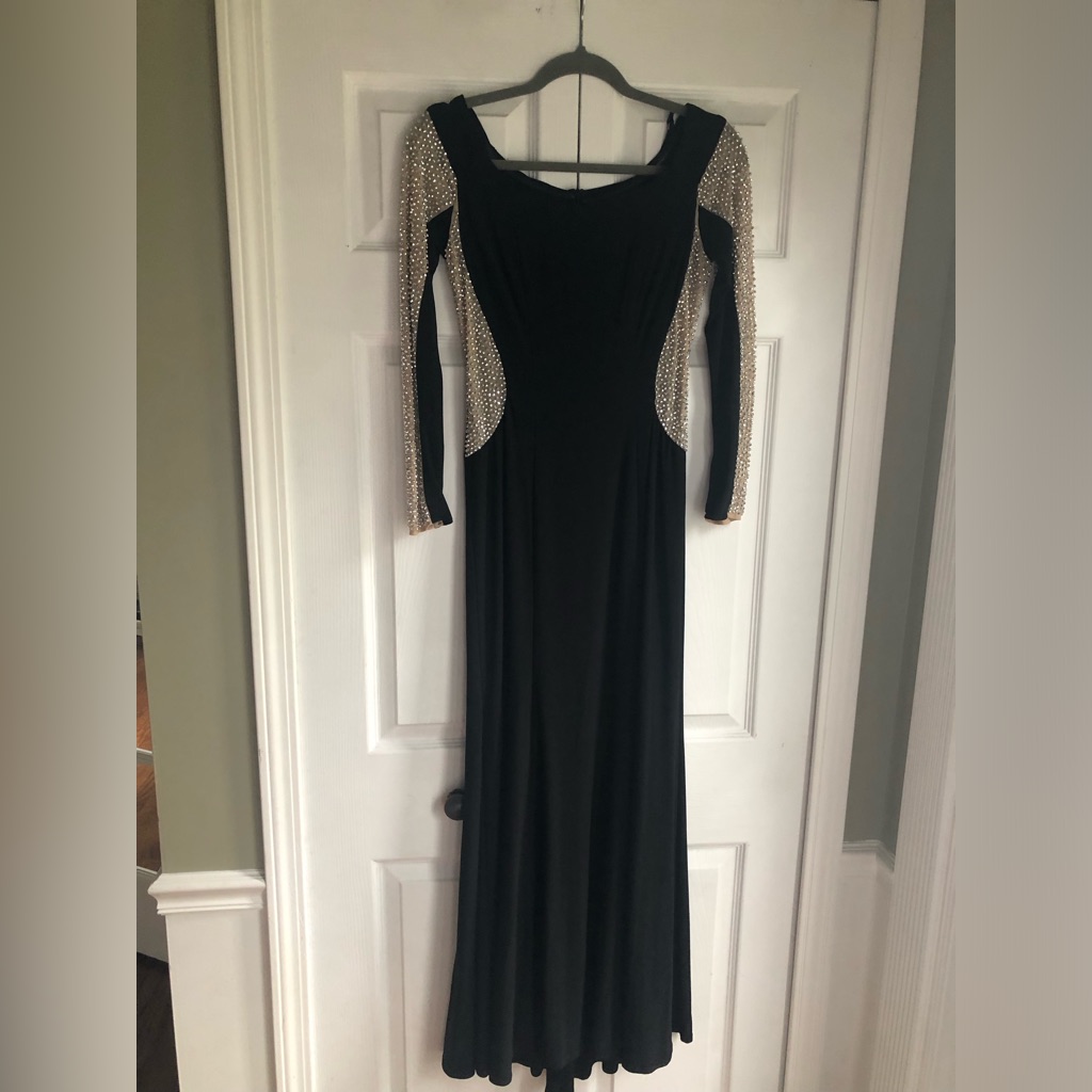 Xscape Evening Gown, Rhinestone Sleeves, Black/Nude, Size 6. Formal